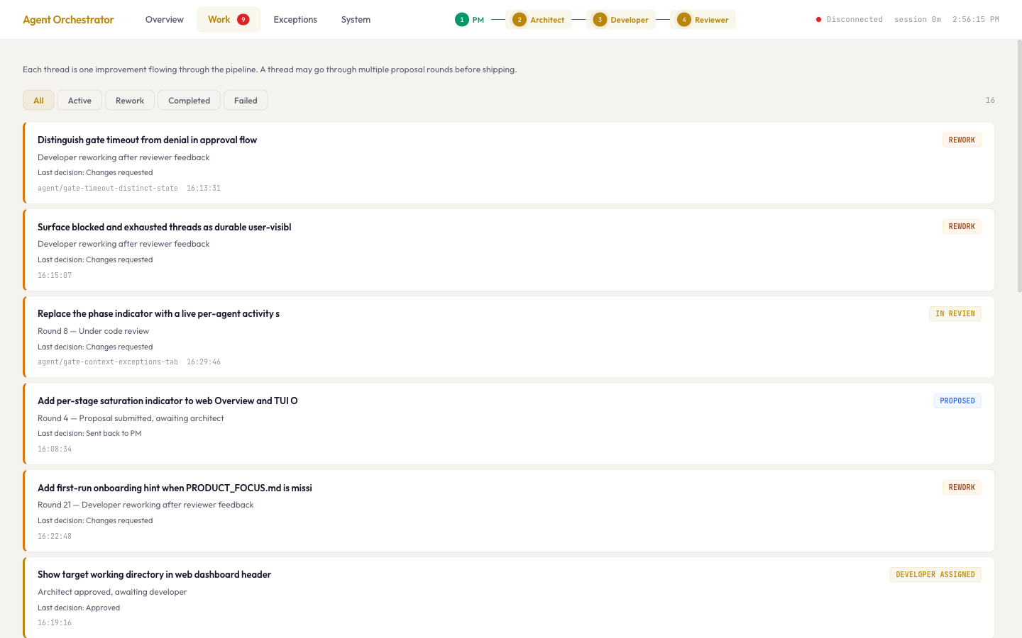 AI agent pipeline work view showing threads with status badges, review decisions, and rework loops